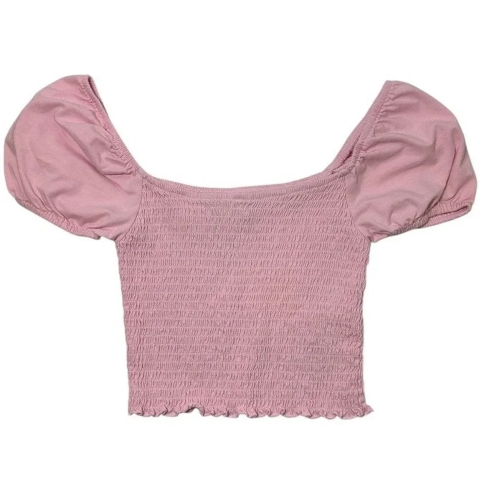 Hollister‎ Pink Smocked Puff Sleeve Cropped Top Womens Size S Square Neck